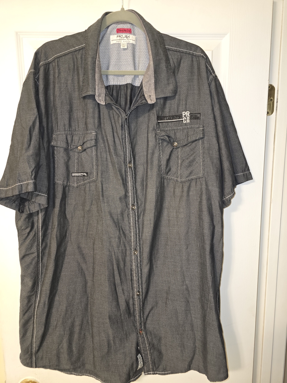 Projek Raw Denim-Style Short Sleeve Button Down Shirt in Charcoal Gray 3xl